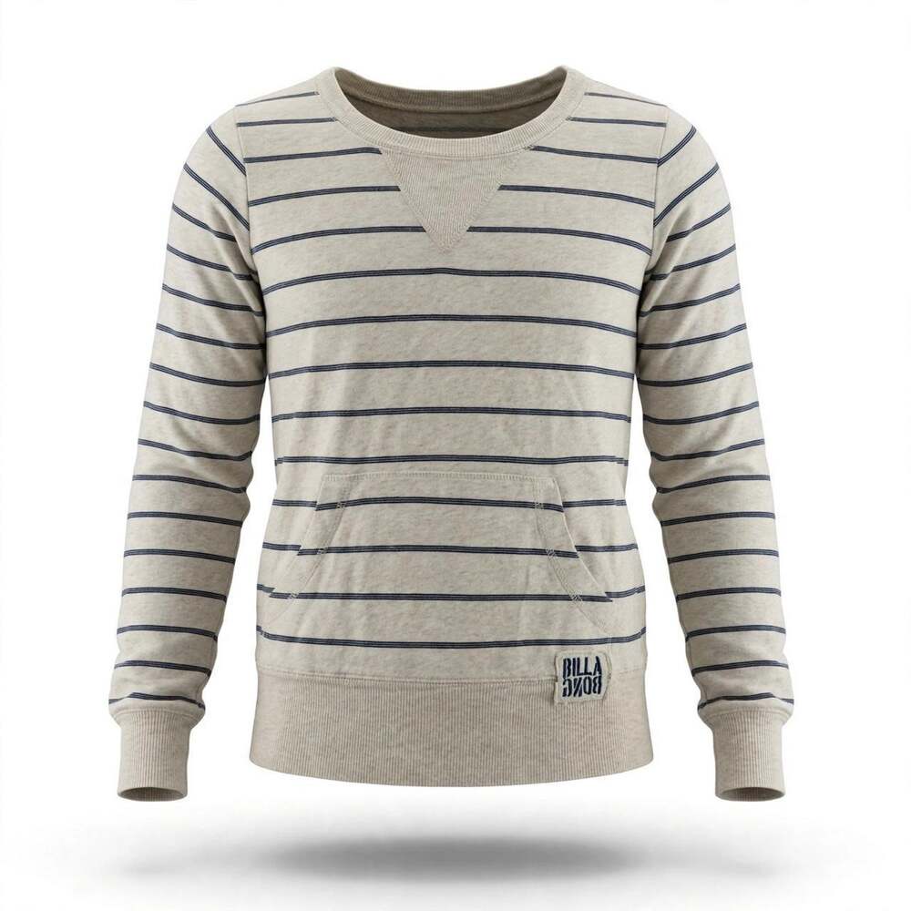 Billabong Womens Sweatshirt Small Stripe Crew Neck Kangaroo Pocket Oatmeal Navy